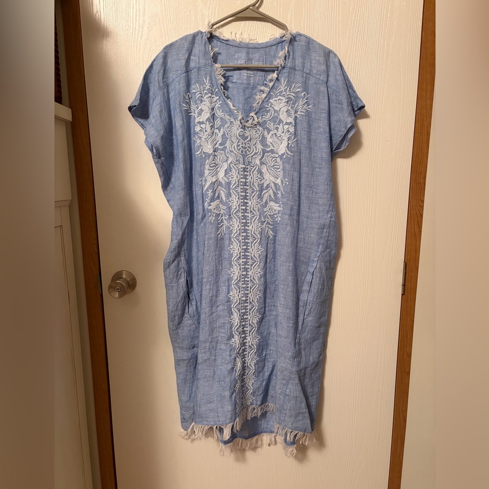 Karyn Seo Linen Embroidered V-Neck Raw Hem Lagenlook Tunic Dress Size Medium